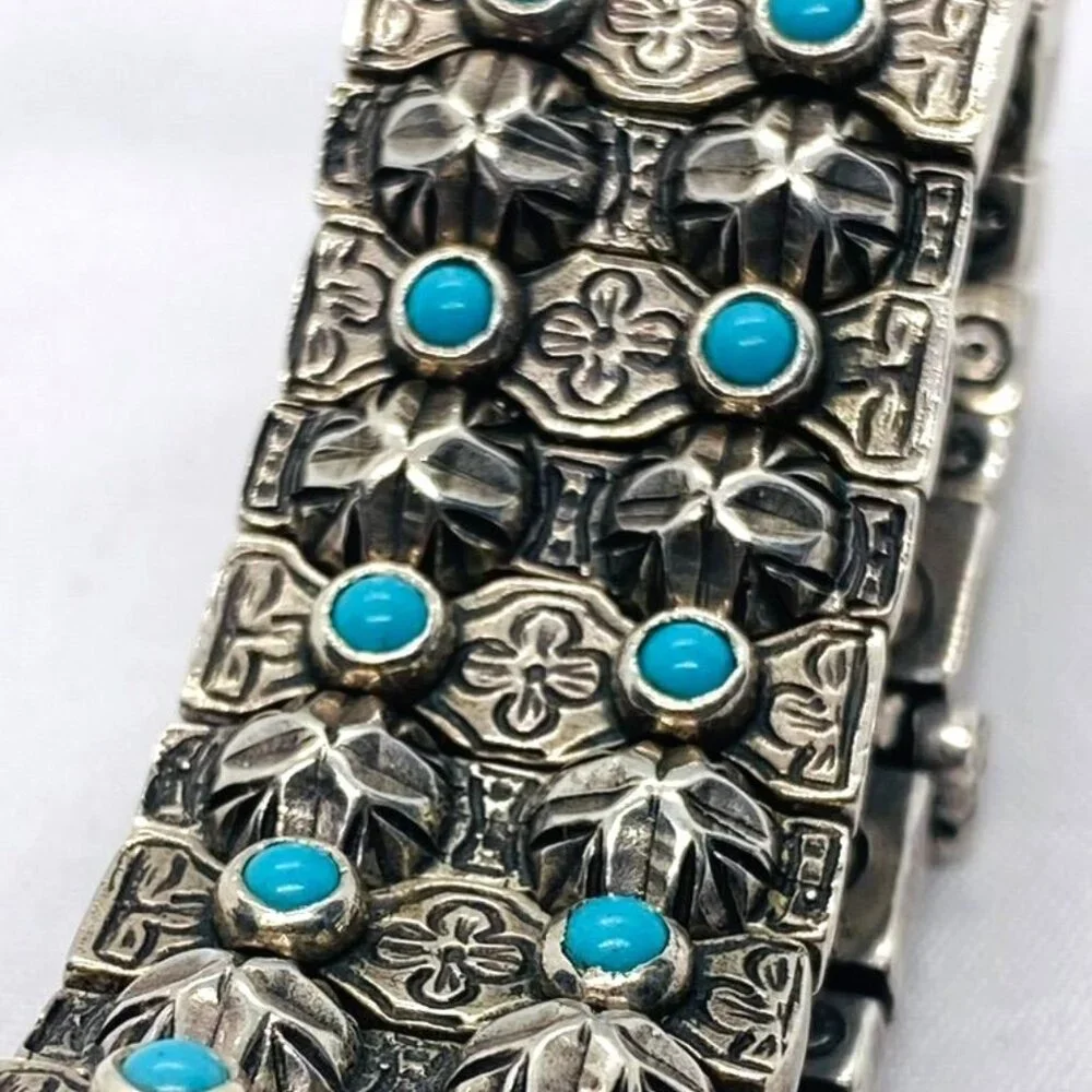 SOLD!! Konstantino Sterling Silver Turquoise Panel Links Bracelet 6.75" - Picture 8 of 16
